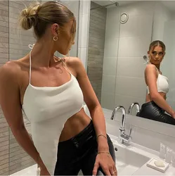 Female White Halter Crop Top Irregular Hem Backless Cami Y2K Girl Sexy Sleeveless Top Streetwear Women Clothes 2024 Summer