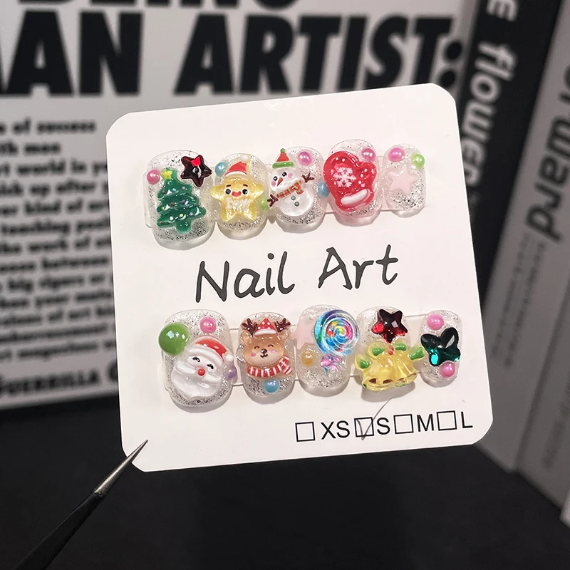 10Pcs Handmade Press on Nails Short Santa Claus 3D Cartoon Fake Nail for Women and Girl Removable Wearable Handmade Nail Art