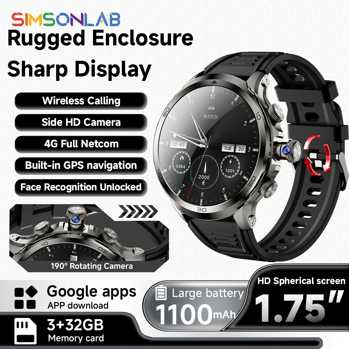 Smart Watch Big Battery Men Full Netcom Android Smartwatch 200W Rotating Camera GPS WIFI Google Play Store 3GB + 32GB For Men