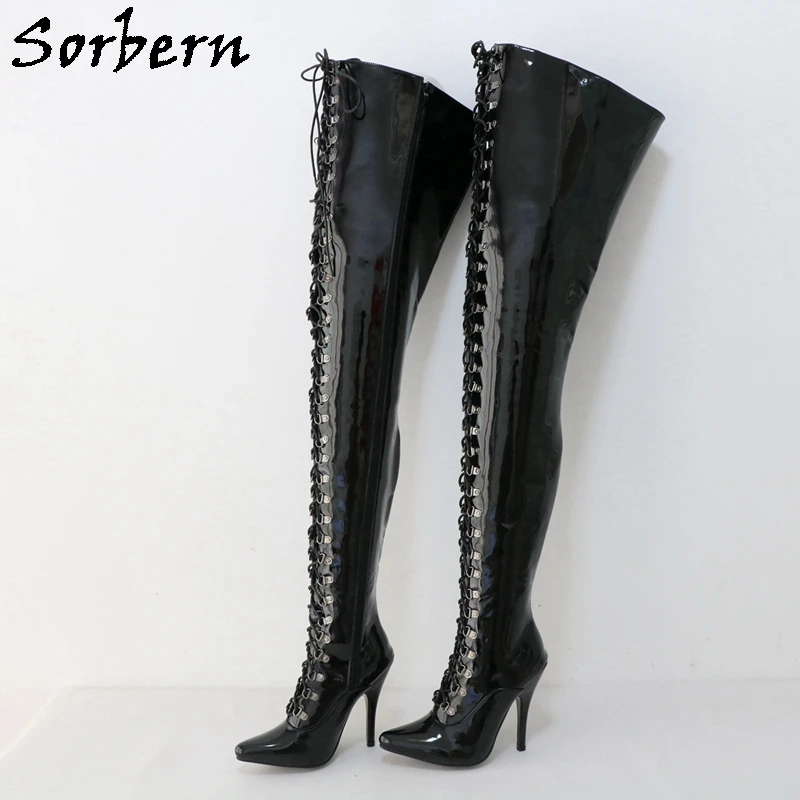 Sorbern Black 12cm Stilettos Boot Women Crotch Thigh Alternative High Heel Lace Up Pointed Toe Footwear Shoes For Crossdressers