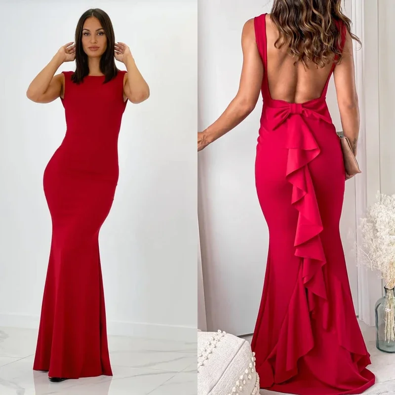 

Jiayigong Sparkle Prom Jersey Bow Ruched Valentine's Day Trumpet O-Neck Bespoke Occasion Gown Midi Dresses