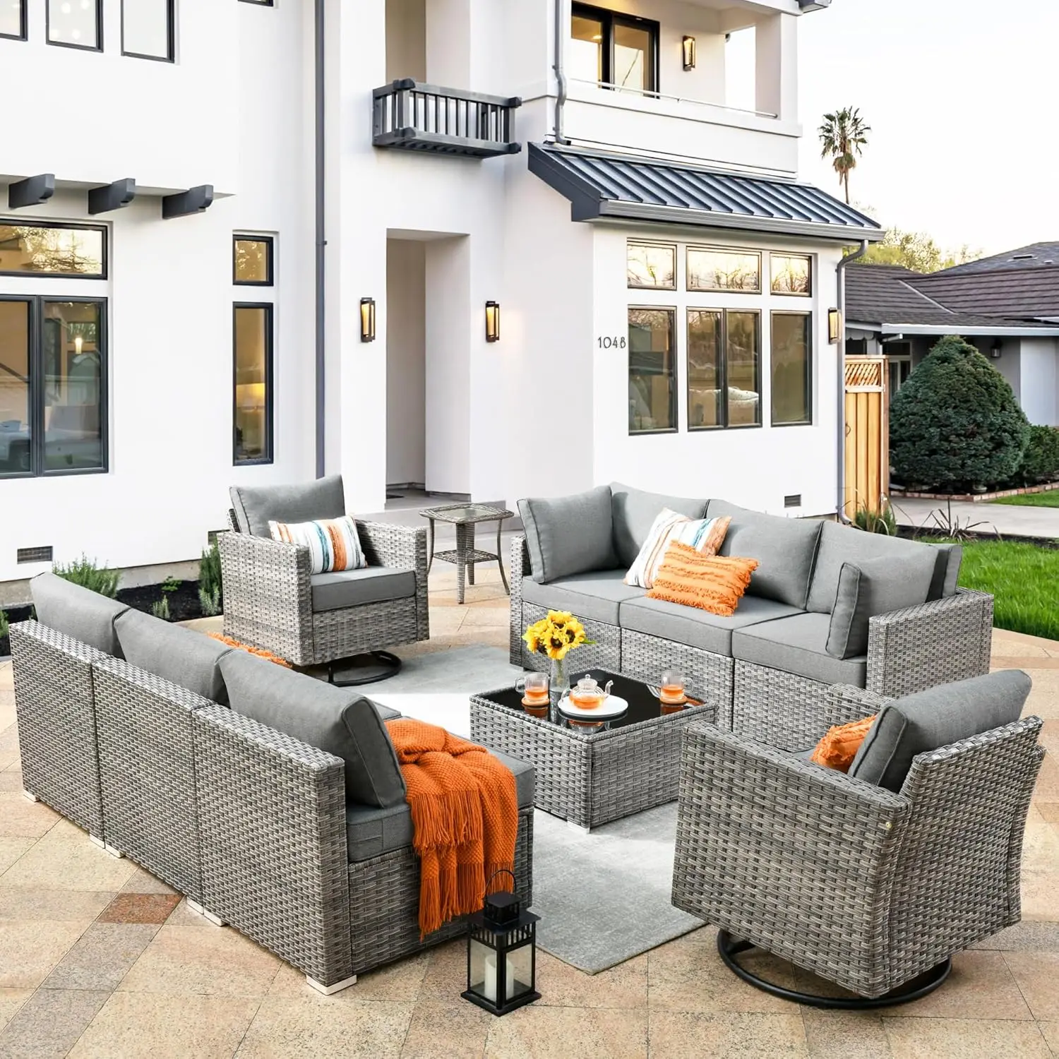 Terrassen möbel Set, Outdoor Sofa Couch mit Rocker Drehstühlen, Hocker und Kissen, Korb Rattan Sofa Set