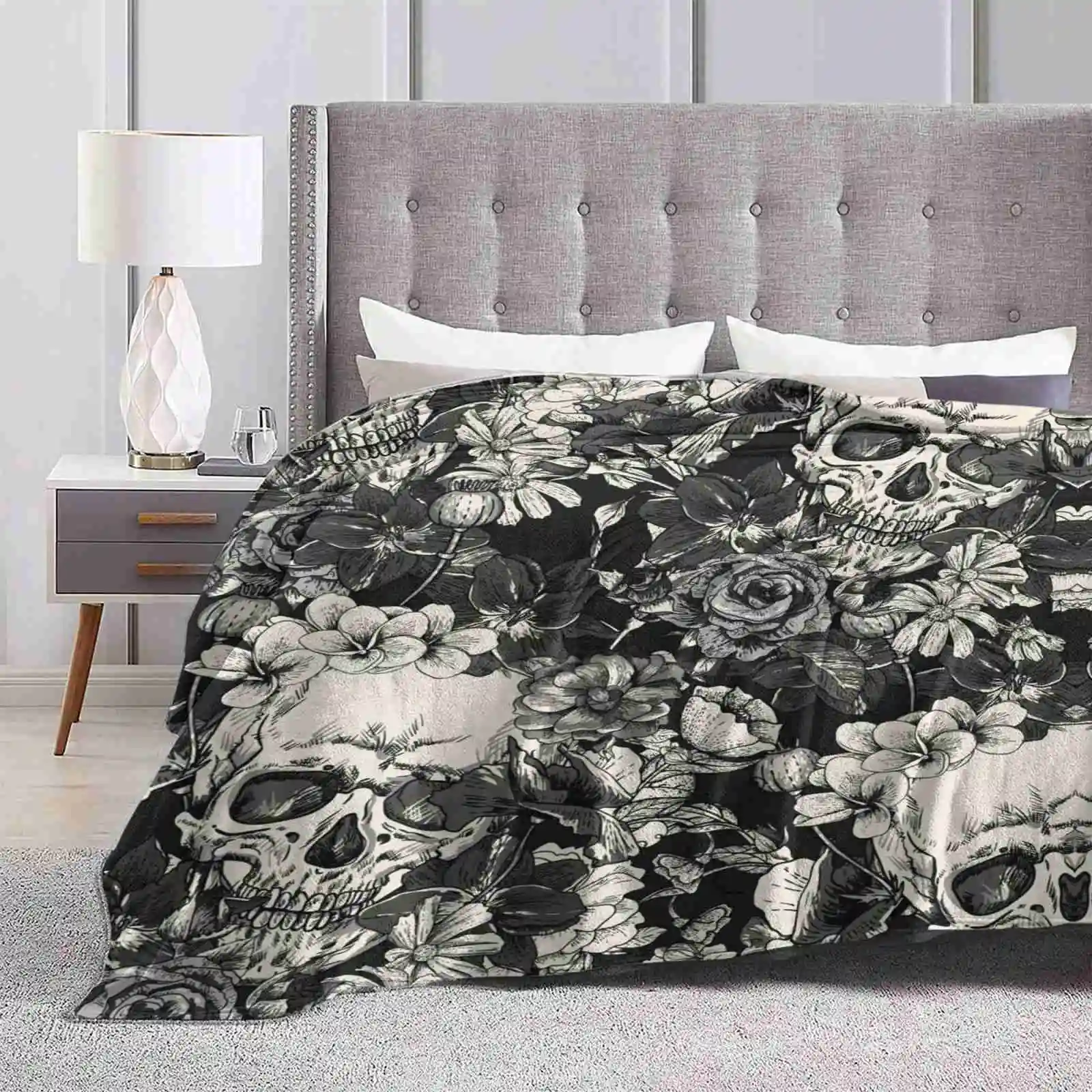 Skulls Hot Sale Printing High Qiality Warm Flannel Blanket Skulls Black White Sepia Gothic Shadow Fear Halloween Muerte