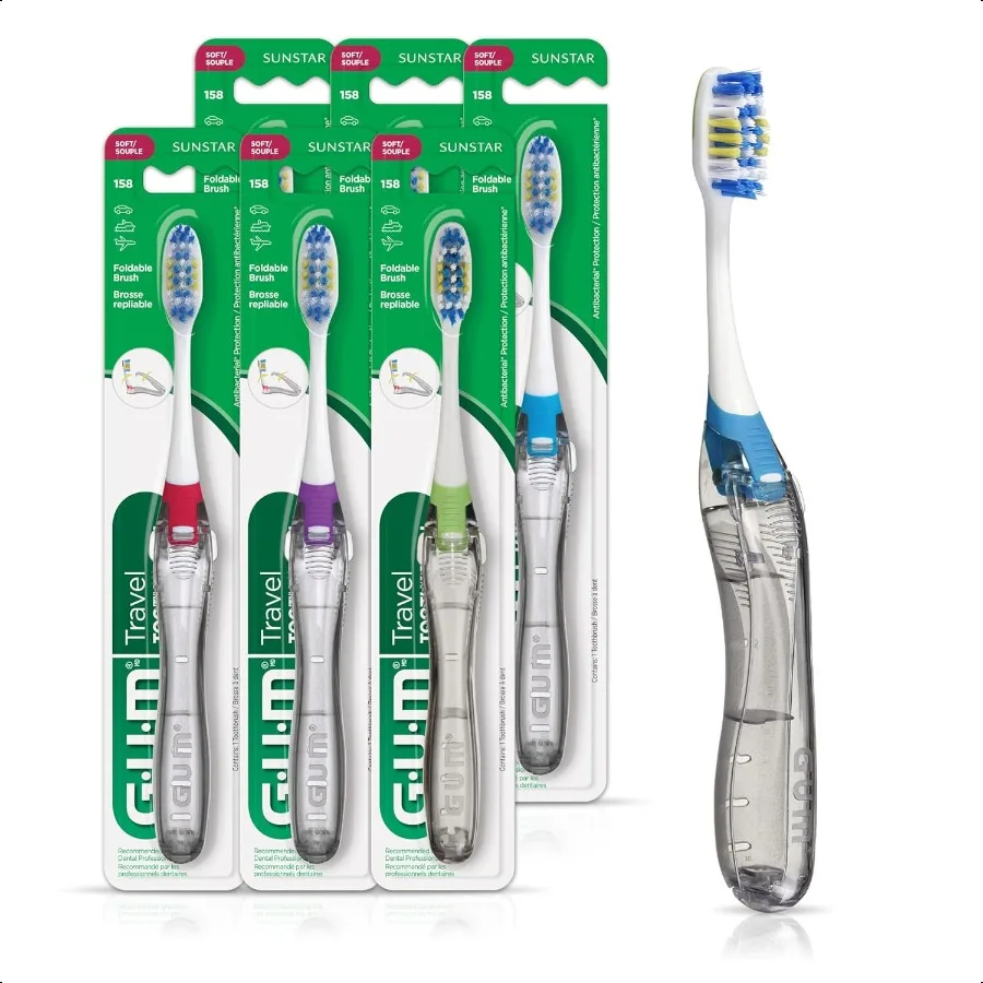 

GUM Folding Travel Toothbrush Compact Head + Tongue Cleaner Soft Bristled Travel Toothbrushes for Adults 1ct Pack of 6