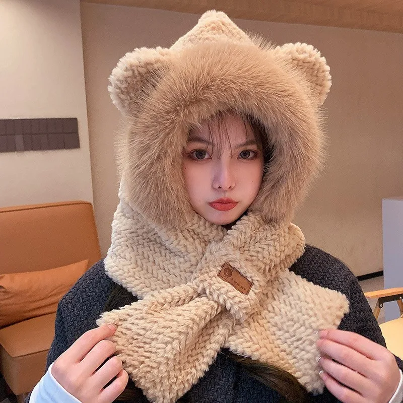 Cute Bear Hat Scarf Mask Three-Piece Set Winter Cycling Thermal and Windproof Ear Protection Gloves Plush Bonnet