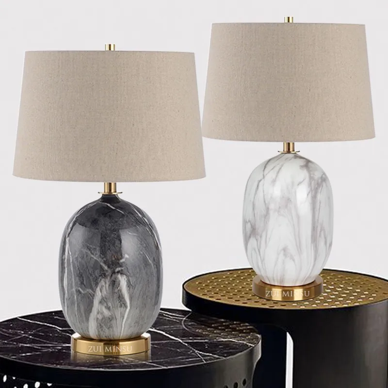 American Marble Pattern Ceramic Table Lamps Living Room Decor Led Lights Bedroom Beside Illumination Study Reading Lighting E27
