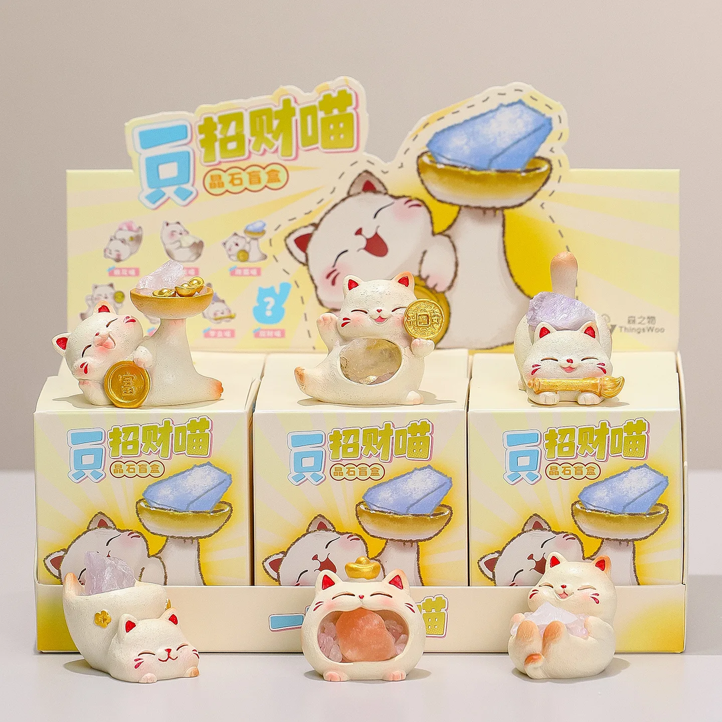 

Cute Lucky Cat Figurine Blind Box With Crystal Stone Maneki Neko Desktop Decor Gift For Fortune And Home Decoration