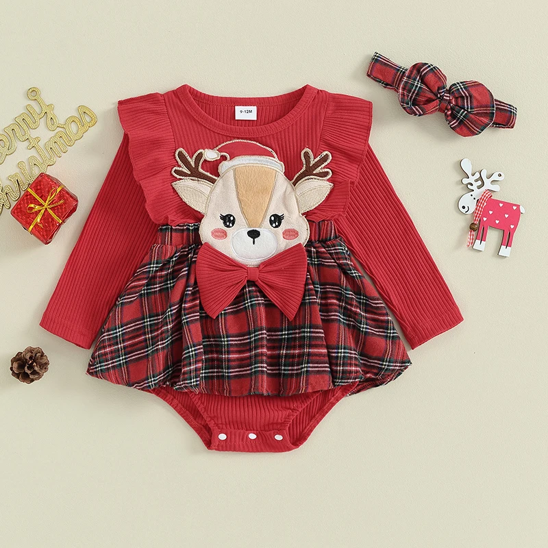 Infant Girls Winter Holiday Romper Set with Reindeer Embroidery Plaid Patchwork Dress Long Sleeves and Headband