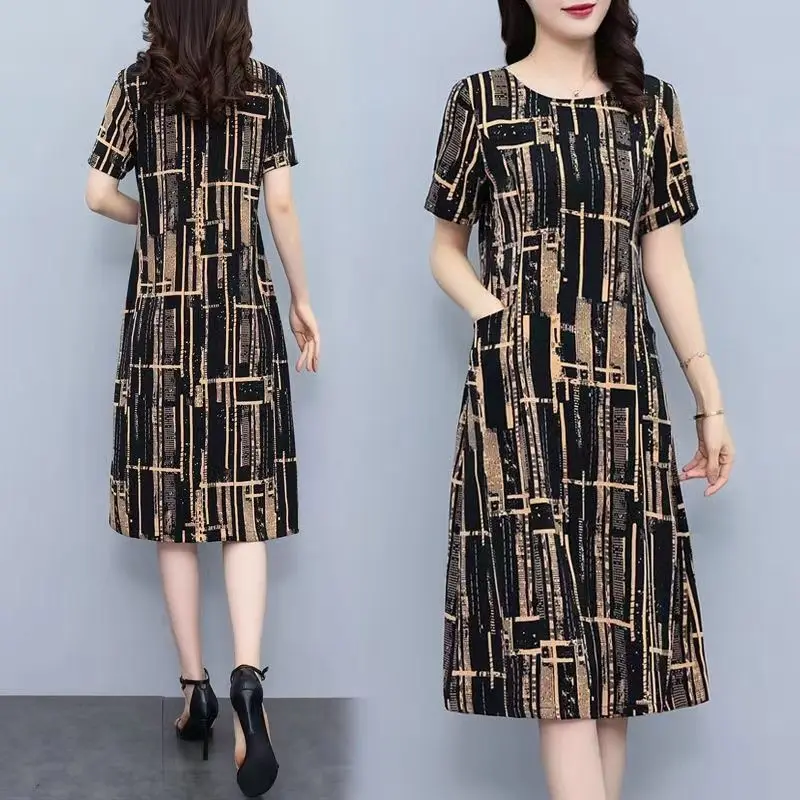Vintage Fashion Printed Midi Dress Summer Casual Round Neck Female Clothing A-Line Waist Commute Short Sleeve Pockets Dresses