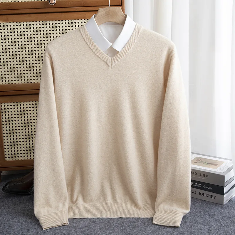 

Men Wool Sweater V-Neck Pullover Autumn Winter Cashmere Warm Solid Knitwear Clothes Business Bottoming Soft Tops