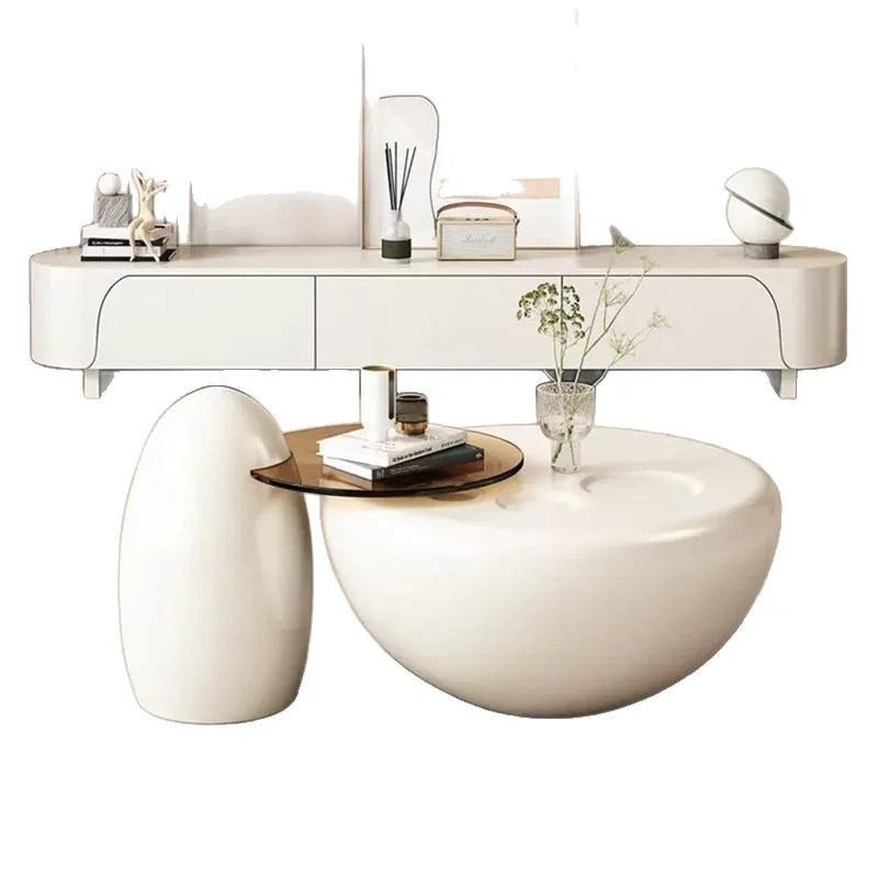 Mesa de centro redonda de anacardo color crema, mueble de TV combinado, pequeño apartamento, sala de estar moderna, luz sencilla para el hogar, tamaño de lujo