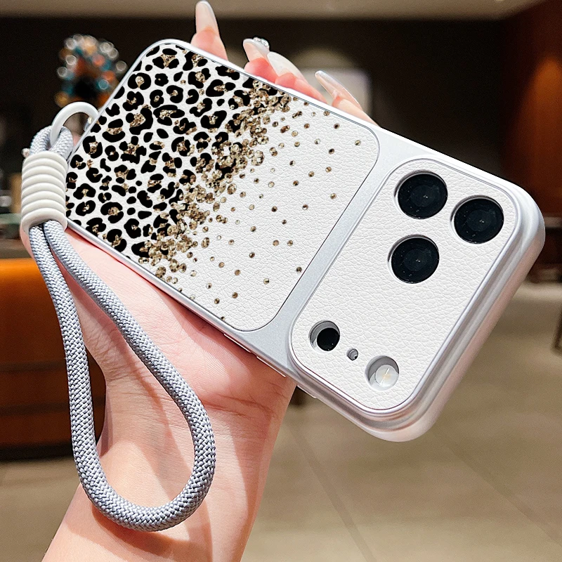 Leather Texture Phone Case For iPhone 17 Pro 16 15 14 13 Pro Max Gold Leopard Print Wrist Strap Lanyard Soft TPU Matte Cover