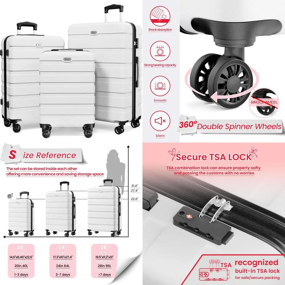 

AnyZip Luggage Sets 3 Piece Hardshell Suitcase Set PC ABS Lightweight Travel Suitcases with 4 Double Spinner Wheels TSA Lock 20