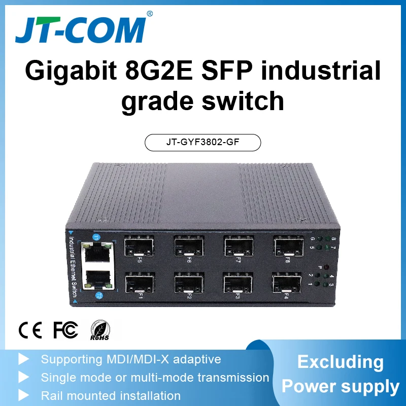 JT-COM Gigabit 8G2E SFP industriële kwaliteit switch.plug en play.8*1000Mbps SFP-poorten+2*1000Mbps RJ45-poorten