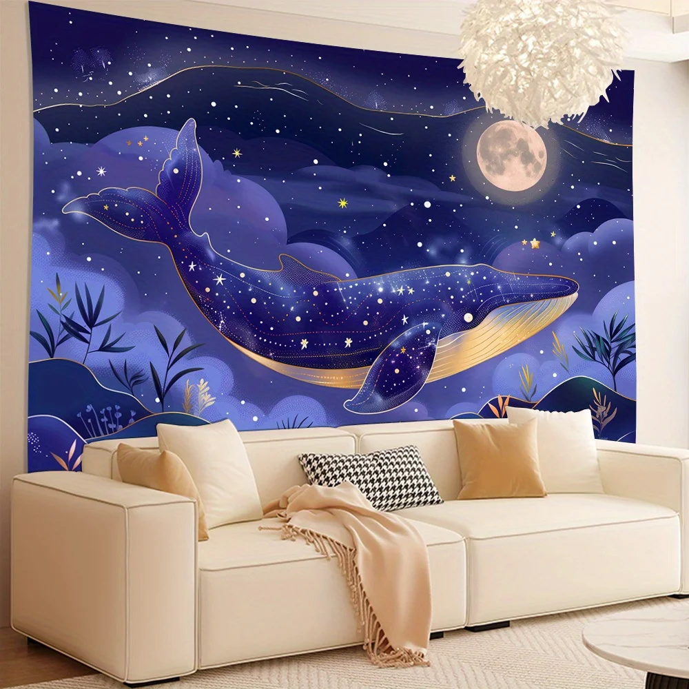 Starry Night Whale Wall Tapestry Deep Blue Constellation Mural for Bedroom Living Room Wedding Party Decor Boho Home Decor