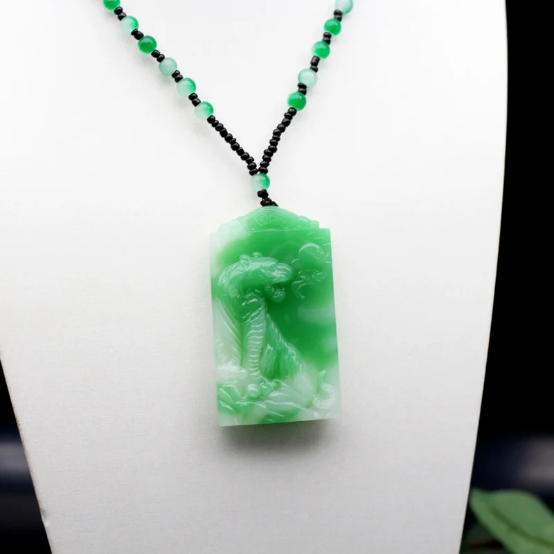 Zodiac Tiger Green White Jade Pendant Necklace Chinese Hand-Carved Fashion Charm Jewelry Accessories Amulet Gifts for Women Men