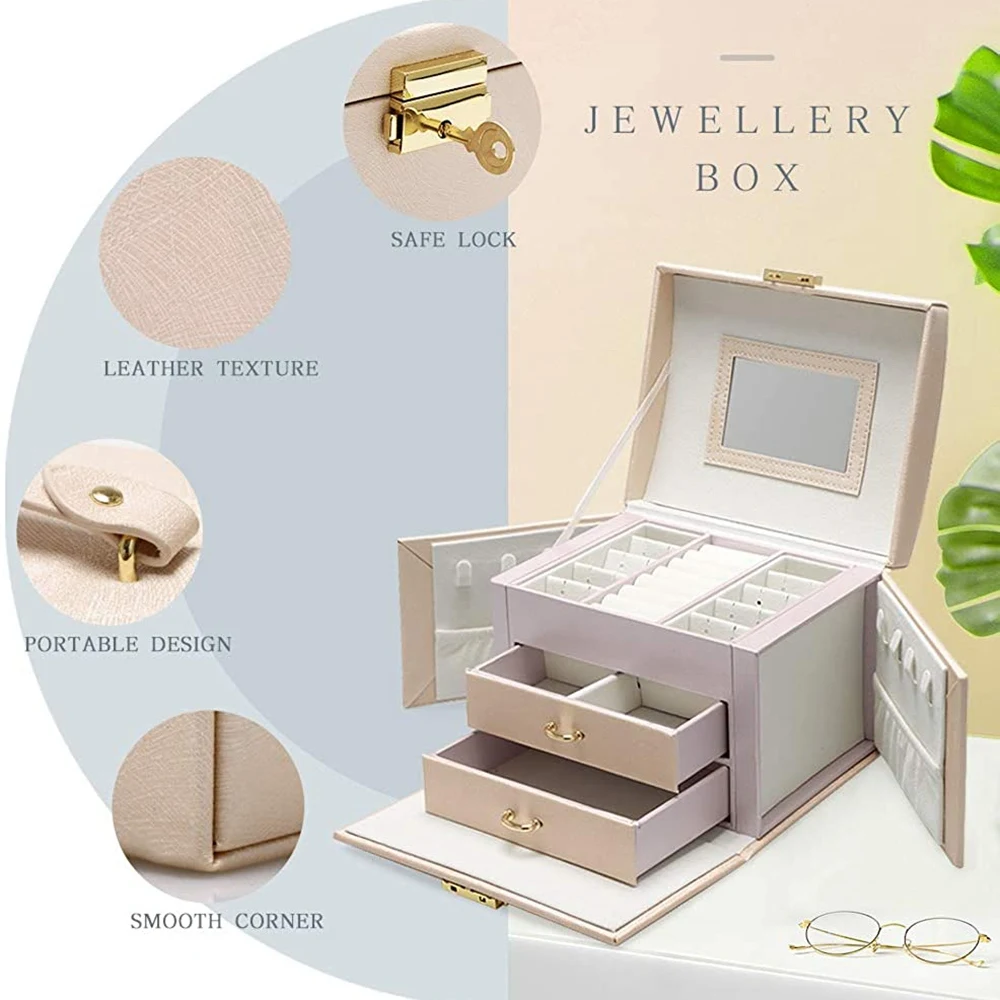 Joyero Collar de pendientes de gran capacidad con caja de almacenamiento de espejo