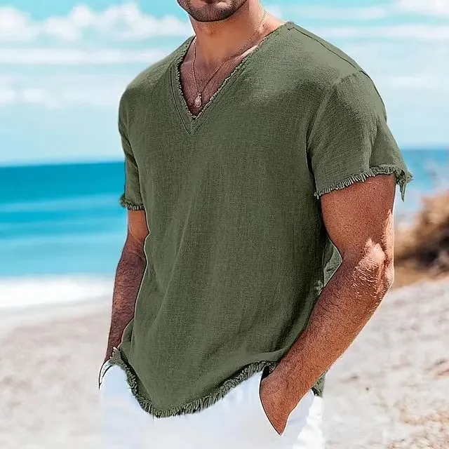 Herren Sommerhemd, Retro V-Ausschnitt Baumwolle-Leinen-Hemd, Hawaii Casual Kurzarm Strandhemd, Outdoor-Urlaubshemd – Detail 5