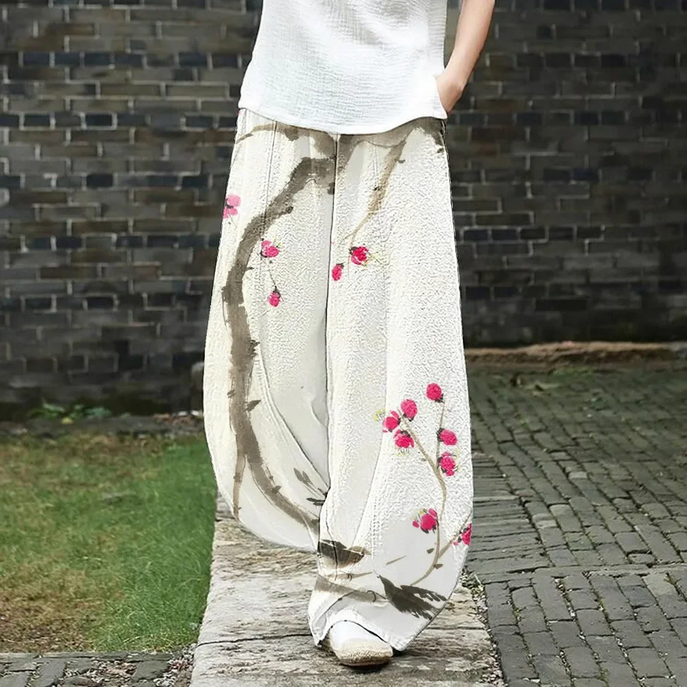 

Women's Floral Art Pocket Loose Casual Pants Artistic Style Wide Leg Pants Harajuku Elastic High Waist Loose Boho Trousers