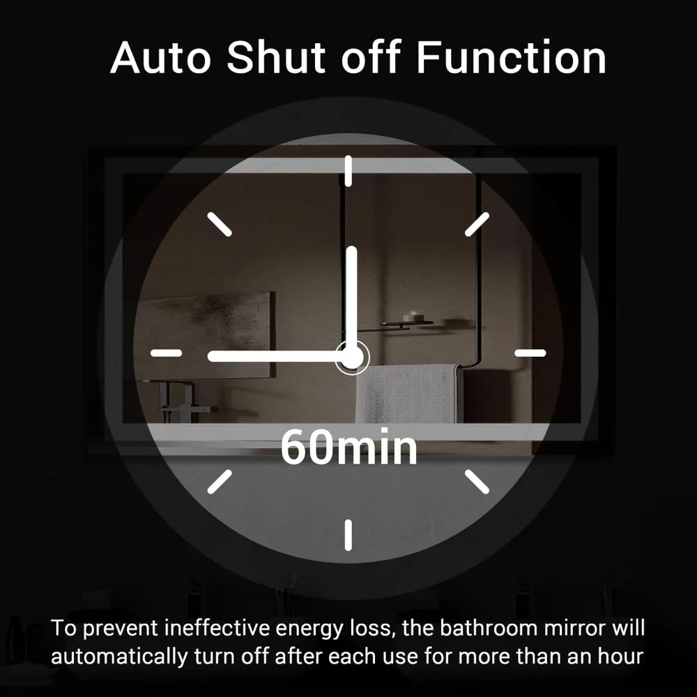 مرآة حمام ذكية مضيئة بإضاءة LED، شاشة لمس مثبتة على الحائط مقاس 36 × 24، مرآة زينة قابلة للتعتيم مع تعديل ضوء بدون خطوات