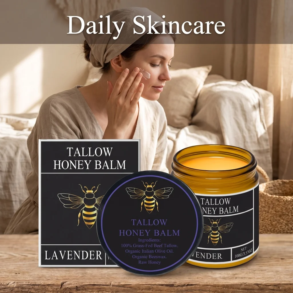 Lavender Tallow Honey Balm Grass Fed Tallow Deep Moist Soft Dry Rough Skin Organic Olive Oil Beeswax Face Body Nourishing