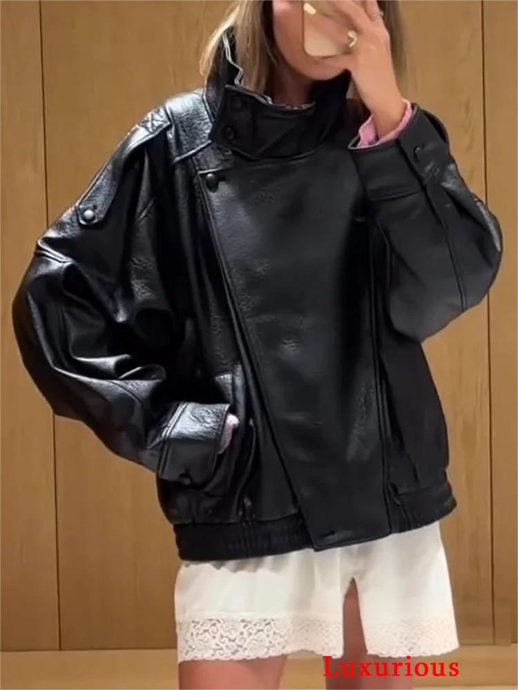 KONDALA Casual Chic Schwarz Leder Jacken Frauen Langarm Tasten Elastische Übergroße Mäntel Mode 2026 Frühling Streetwear Mäntel – Detail 6