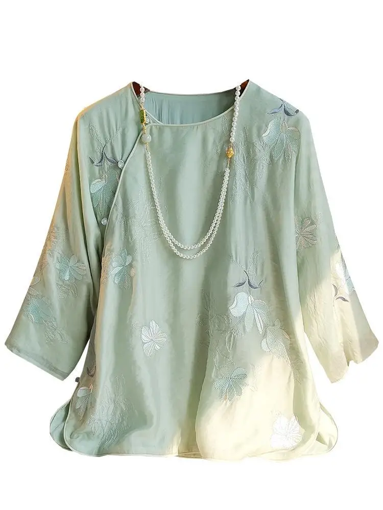 Floral Embroidered Blouses Women Round Neck Loose Retro Tops Chinese Vintage Ethinic Style Shirts Oversized Spring Autumn New