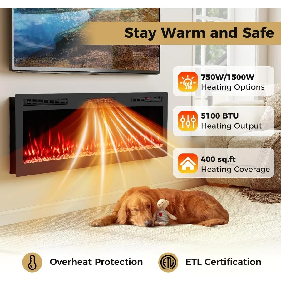 Smart WiFi Electric Fireplace 60-inch Wide Wall Mounted Recessed Heater with Alexa Google Assistant Remote APP Control 750W 150
