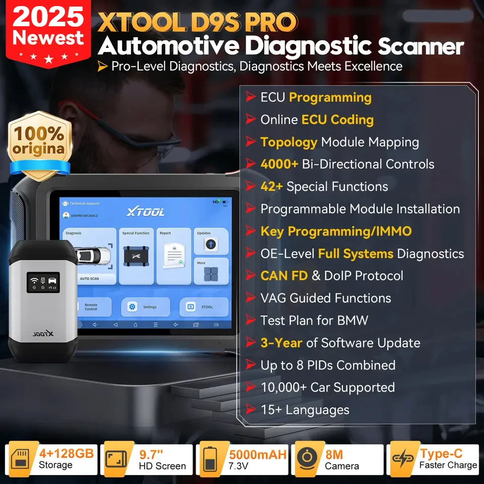 XTOOL D9S PRO Bluetooth Diagnostic Tools Automotive OBD2 Scanner ECU Programming FCA AutoAuth 42 Resets Topology Map DoIP CAN FD