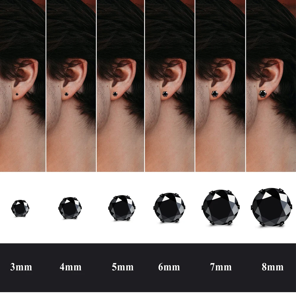 1 Pair Black Stainless Steel Round Cubic Zirconia Ball Stud Earrings Set Punk Piercing Jewelry For Men Women 3-8mm