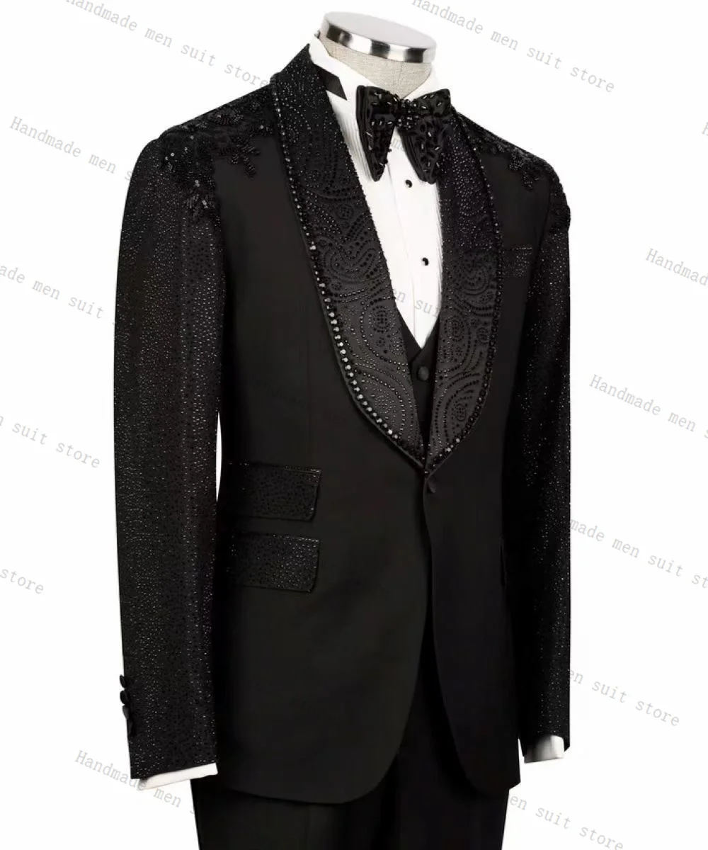 Preto outono masculino ternos 2 peça blazer + calças cristais de luxo pedra casamento smoking casaco personalizado formal escritório jaqueta calças
