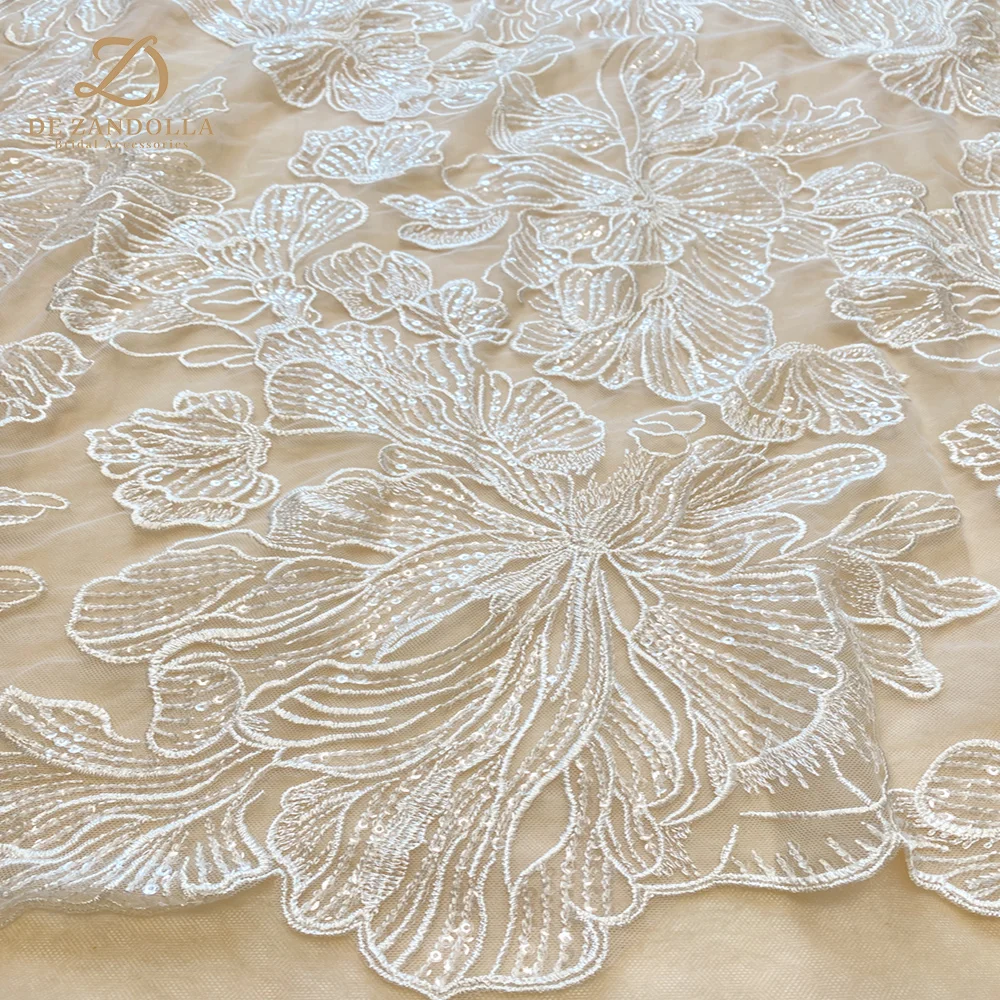 

1 Yard Ivory Bridal Lace Fabric Silk Sequins Mesh Floral Embroidery Wedding Party DIY Accessories Width 120cm