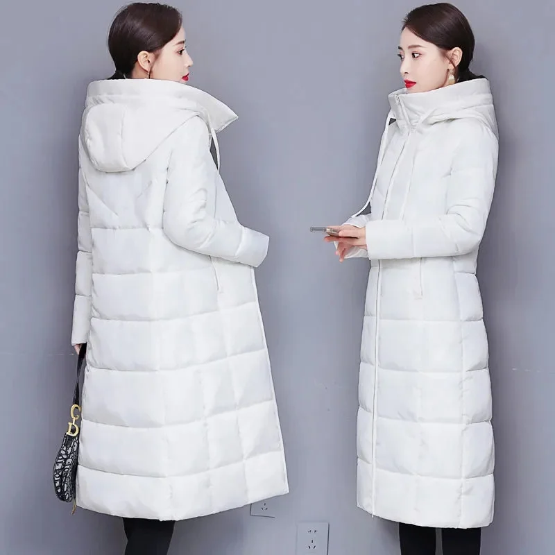 New Women's Long Down Cotton Coat Horn Buckle Winter Thick Warm Padded Jacket Female Korean Casual Hooded Parker Cotton Clothes