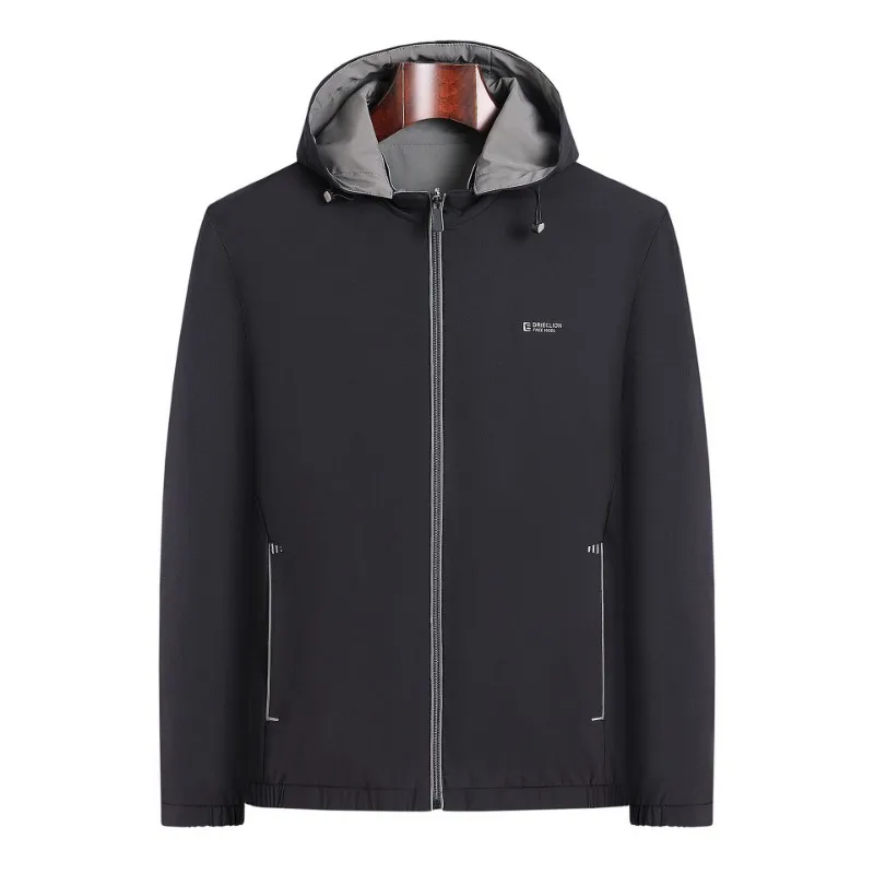 Men Hooded Zip Up Jacket Long Sleeve Lightweight Business Casual Outerwear With Drawstring Hood