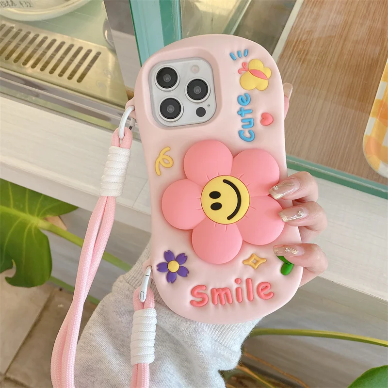 

Pink flower fold bracket Silicone Protection Cover + Rope for iphone 17 Air 15 14 Plus 12 13 15 Pro Max 16promax Cute Patterns