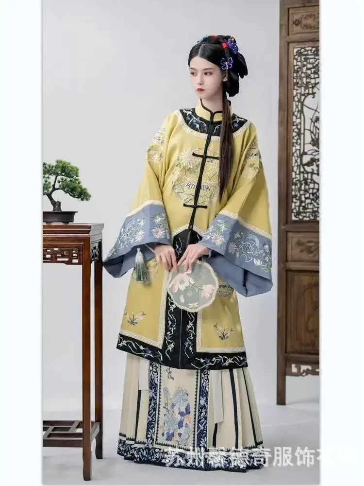 Retro Heavy Industry Antique Clothes Women Qing Dynasty Flower Loose Long Sleeve Embroidery Cheongsam Dress Qipao Cospaly