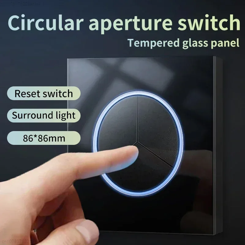 Pulsante interruttore pannello in vetro nero indicatore luminoso di tipo Surround, interruttore di ripristino rotondo Standard ue UK, presa