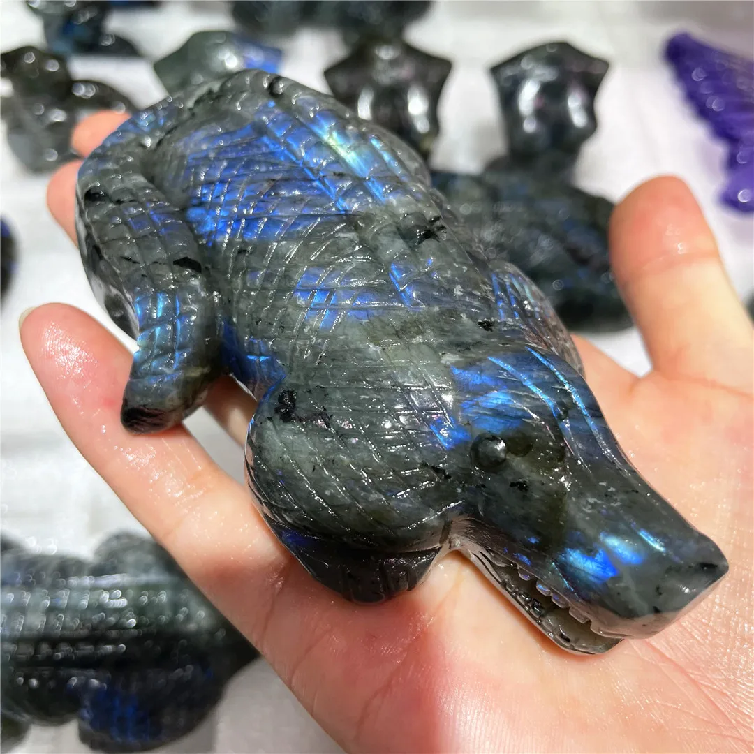 Natural Flashing Labradorite Crystal Carved Crocodile Animal Figurines Alligator Ornaments Handicraft Dropshipping Feng Shui