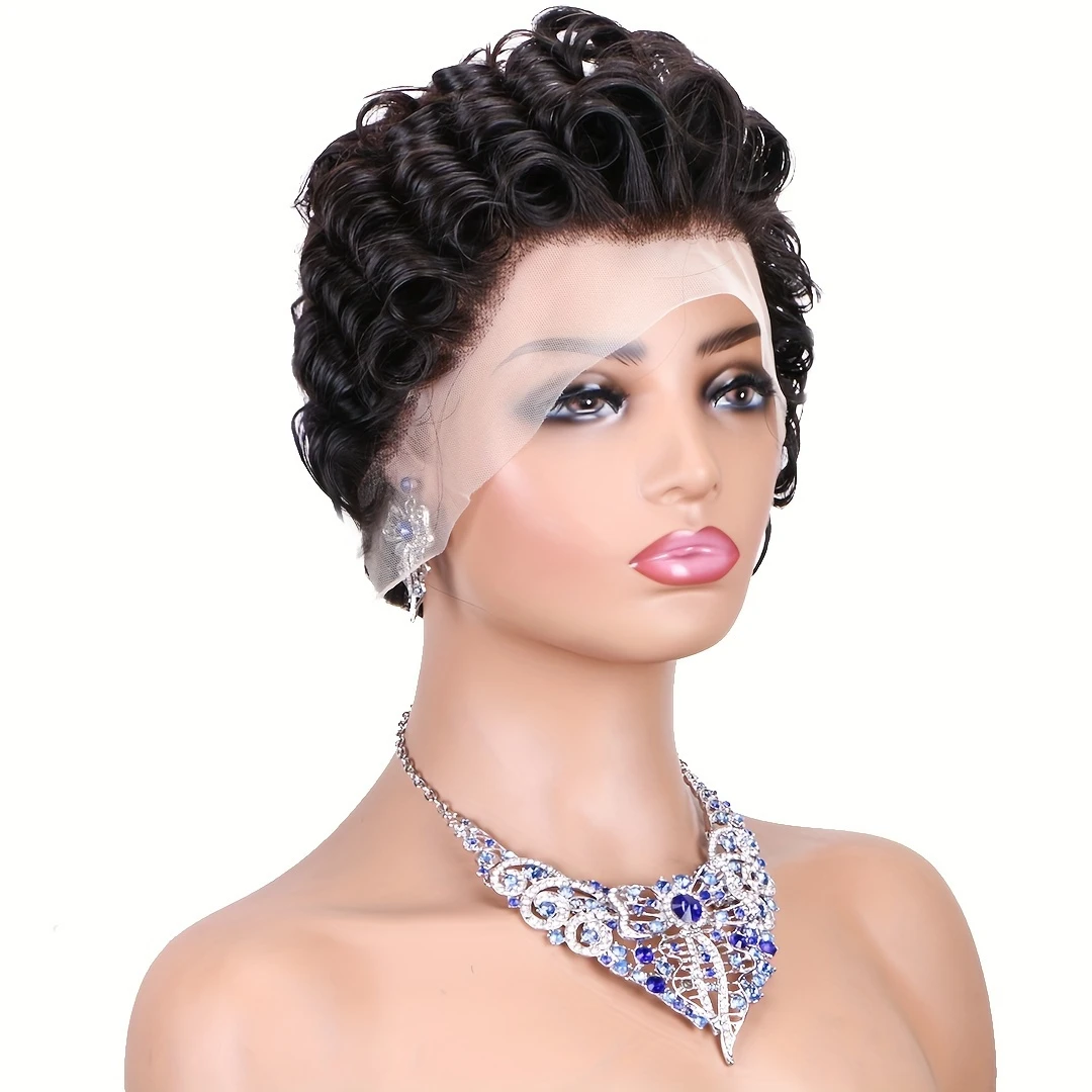 Peluca de cabello humano con corte Pixie corto, postizo de onda rizada de color 13x4, encaje Frontal transparente, Remy