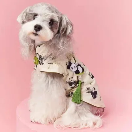 Chinese Style Hanfu Summer Thin Panda Print Dog Qipao Vest Sleeveless Pet Clothes For Teddy Schnauzer Bichon Small Puppies With