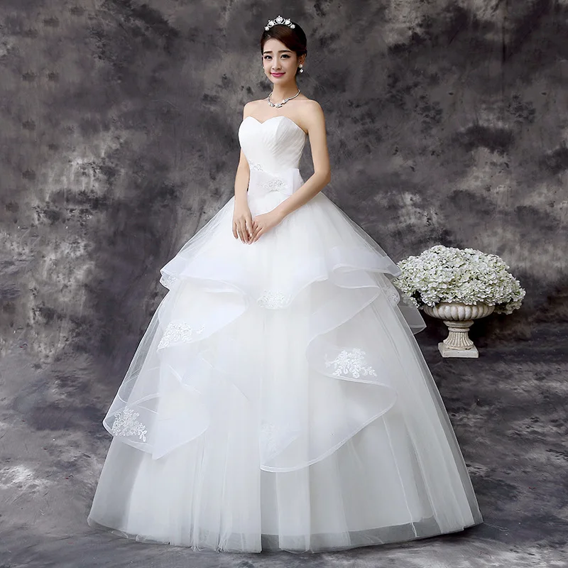 N144 White Strapless Ribbon Korean Wedding Dress