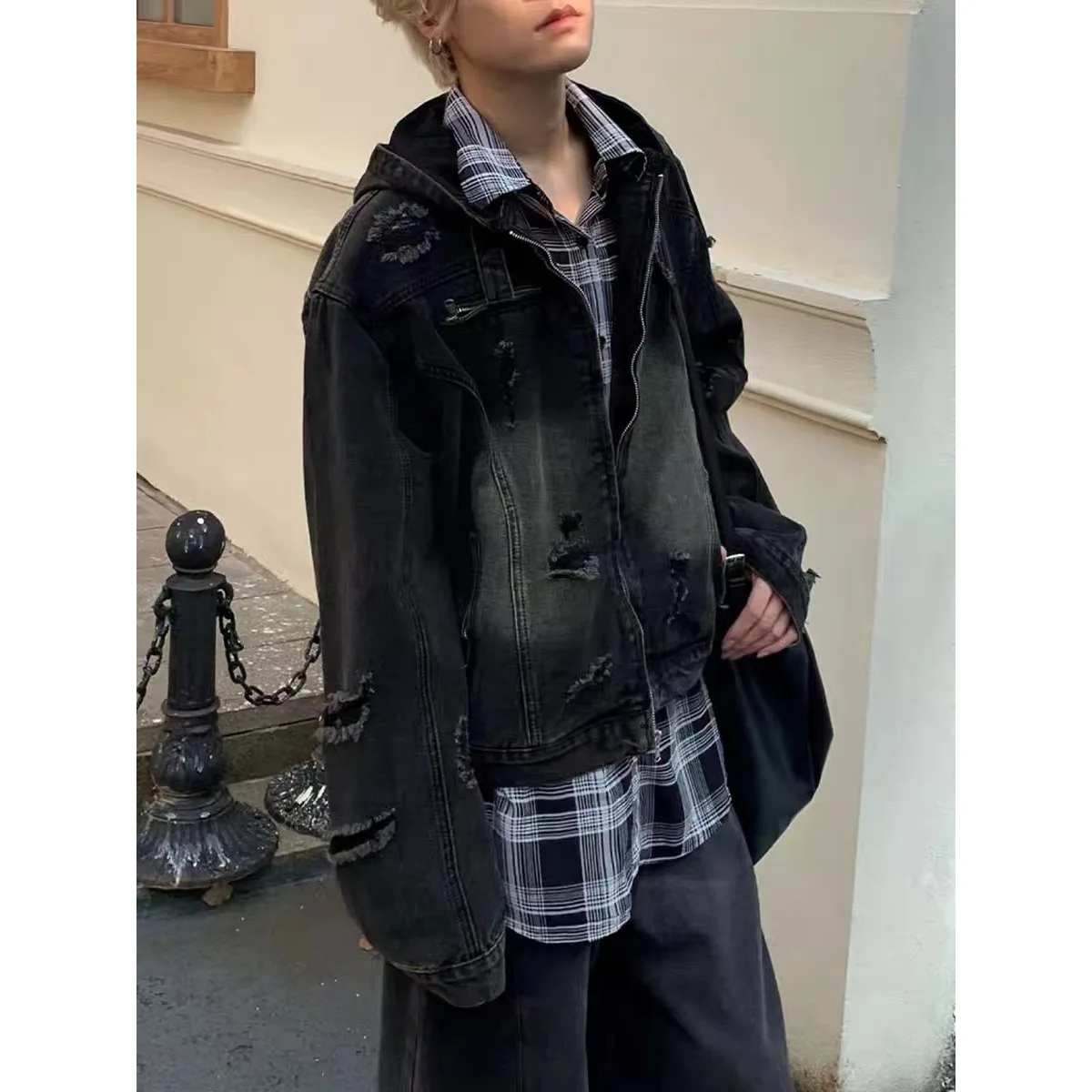 

Retro American Streetwear Waed Denim Jaet Loose Fit ex Hooded Outerwear for Men And Women Casual Spring Autumn