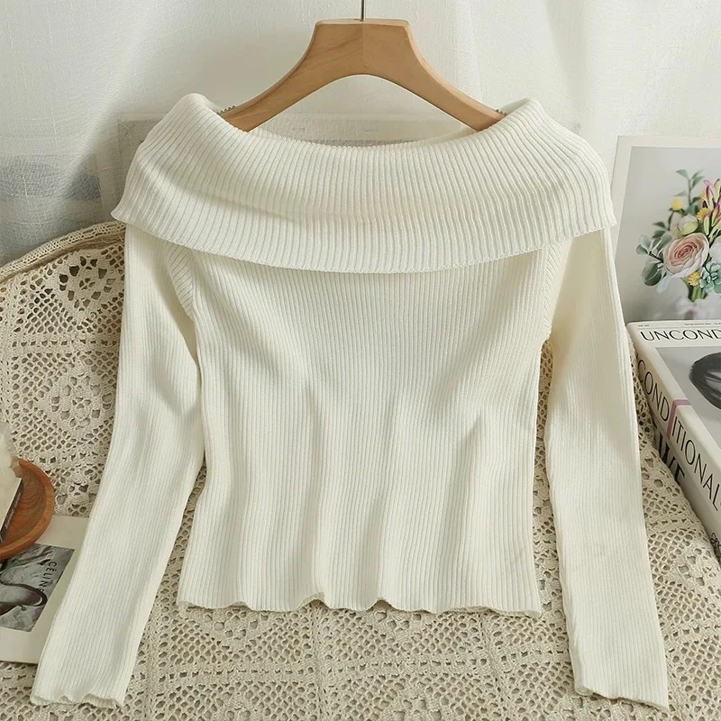 Spring Autumn Off-Shoulder Short Sweater Women Long Sleeve Bodycon Knit Top Black White Beige Khaki Coffee Red Pullover Sweater