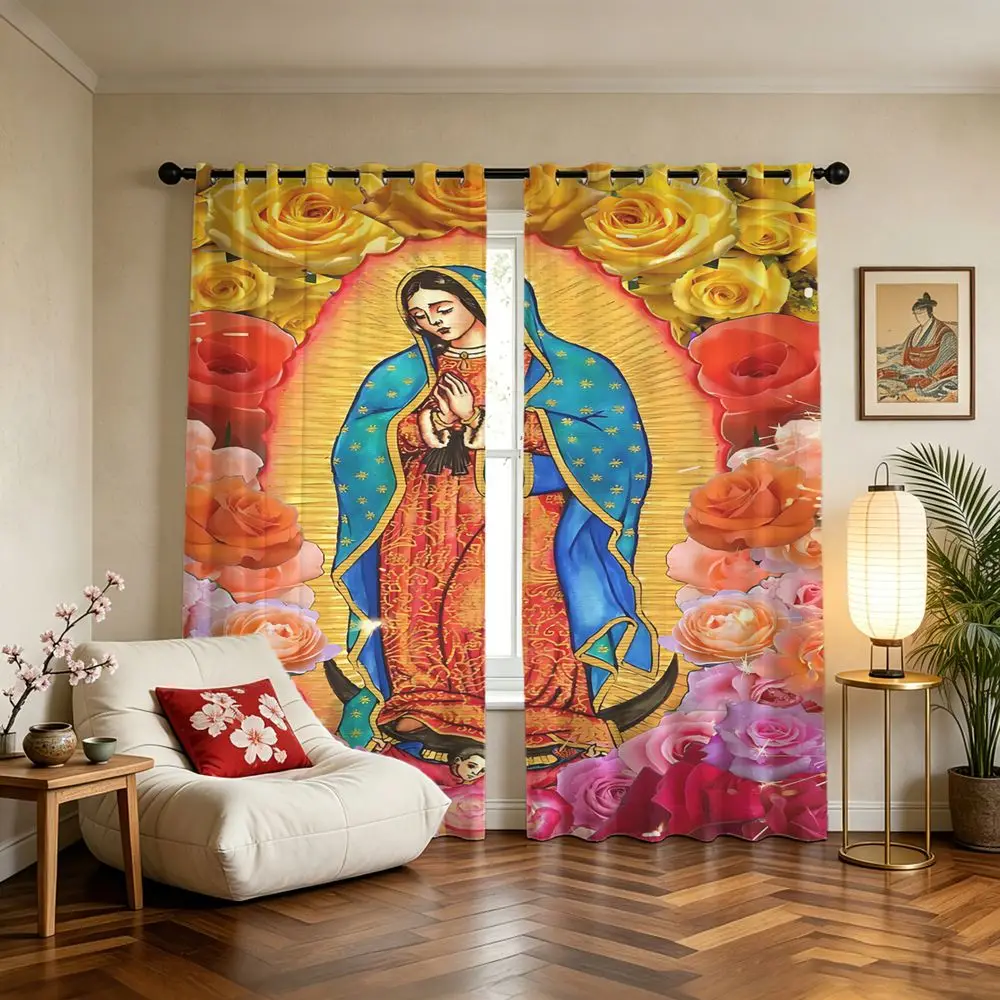 Virgin Mary Printed Curtains Religious Floral Window Drapes Colorful Roses Pattern Blackout Curtains For Living Room Home Decor