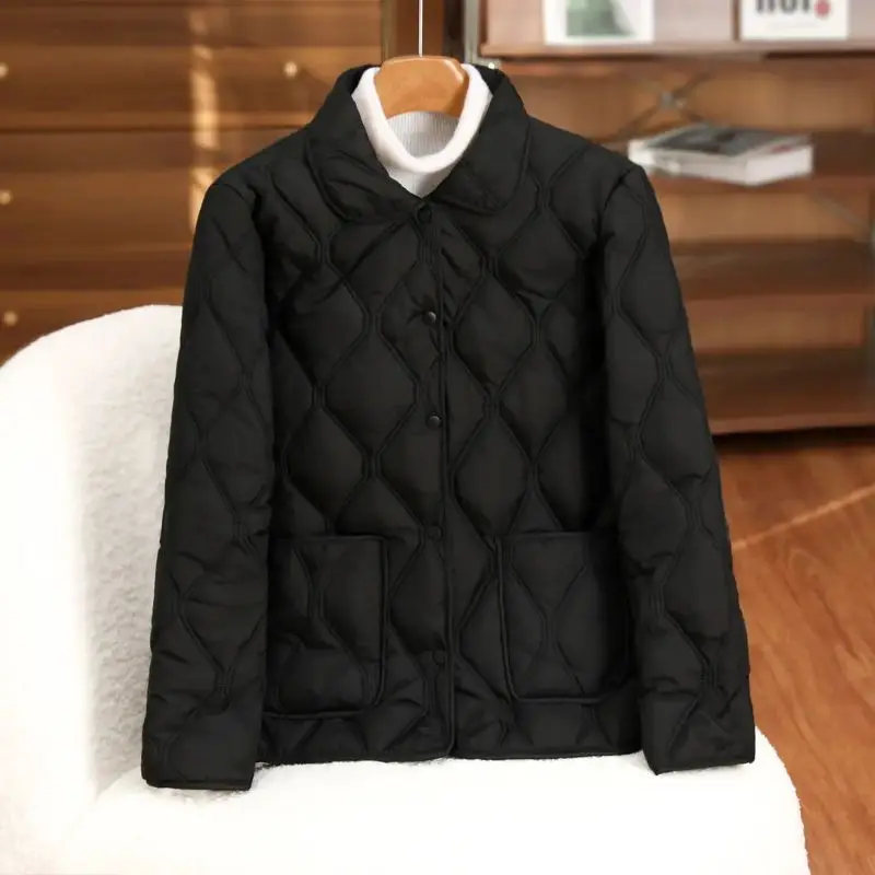 New Women's Lightweight Short Cotton Jacket Versatile Style for Spring Autumn, and Winter, Solid Color Large Diamond Grid Collar