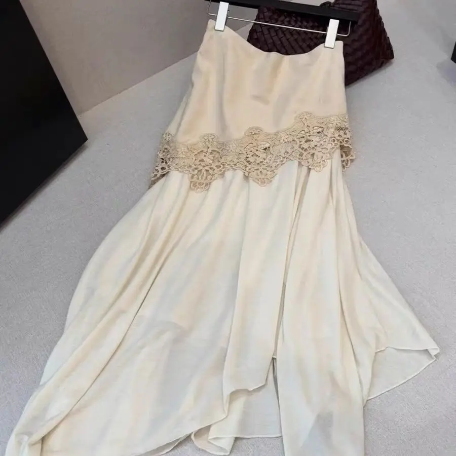 Irregular Lace Splicing Skirt Femininity Versatile Design Sense High Waist Asymmetrical A Word Medium and Long Skirt