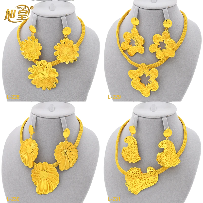 

XUHUANG Dubai Geometric Shaped Fashion Necklace Jewelry Sets For Women Designed Indian 24K Gold Color Necklace Earring Set Gift