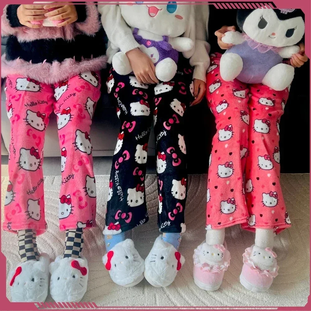 Cartoon Sanrio Hello Kitty Pajamas Christmas Flannel Fashion Trouserswomen Kawaii Woolen Anime Cartoon Casual Home Pants Autumn