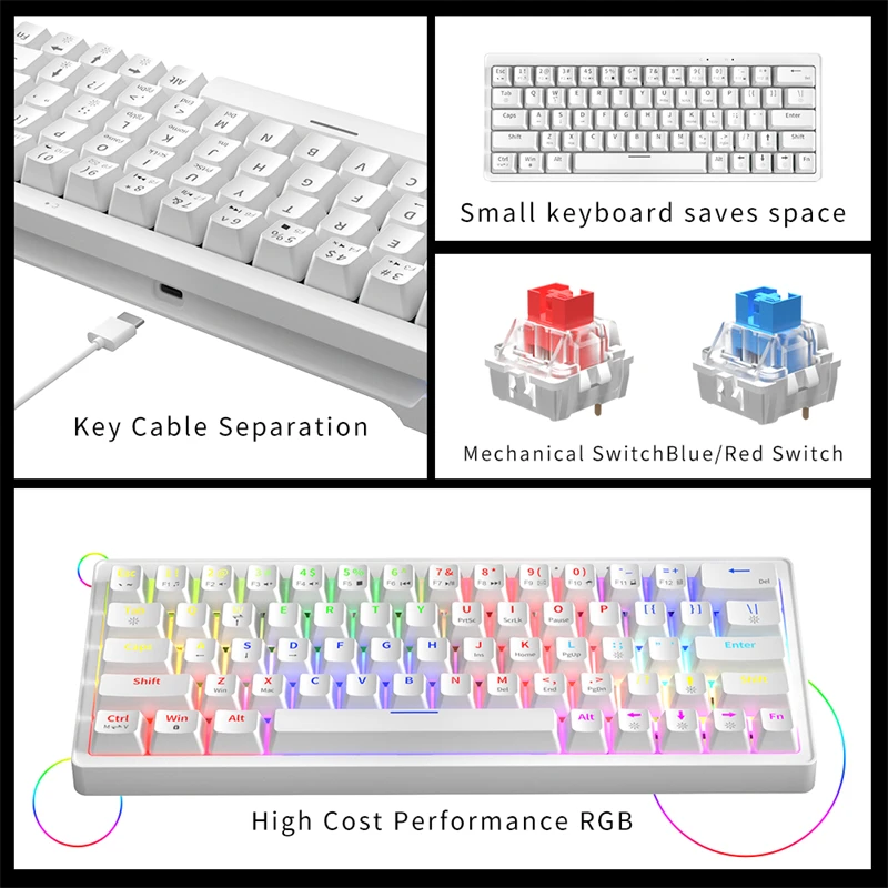 ZIFRIEND ZA63 Mechanical Keyboard 63 Keys Hot Swappable Wired RGB Red Blue Switch Gaming Anti-ghosting 60% Keyboard White Keycap