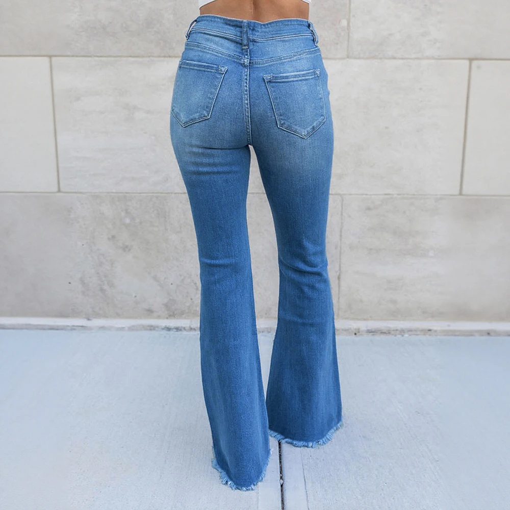 女性のハイウエスト リップド スリム フィット フレア ジーンズ エラスティック ウエスト ヨーロッパとアメリカのスタイル ファッション